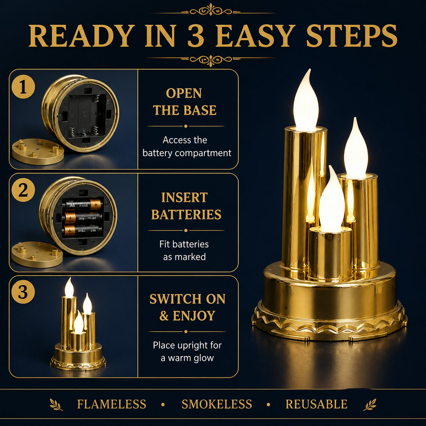 LED Flameless Candle Lamp – Triple Candle Design, Golden Glow
