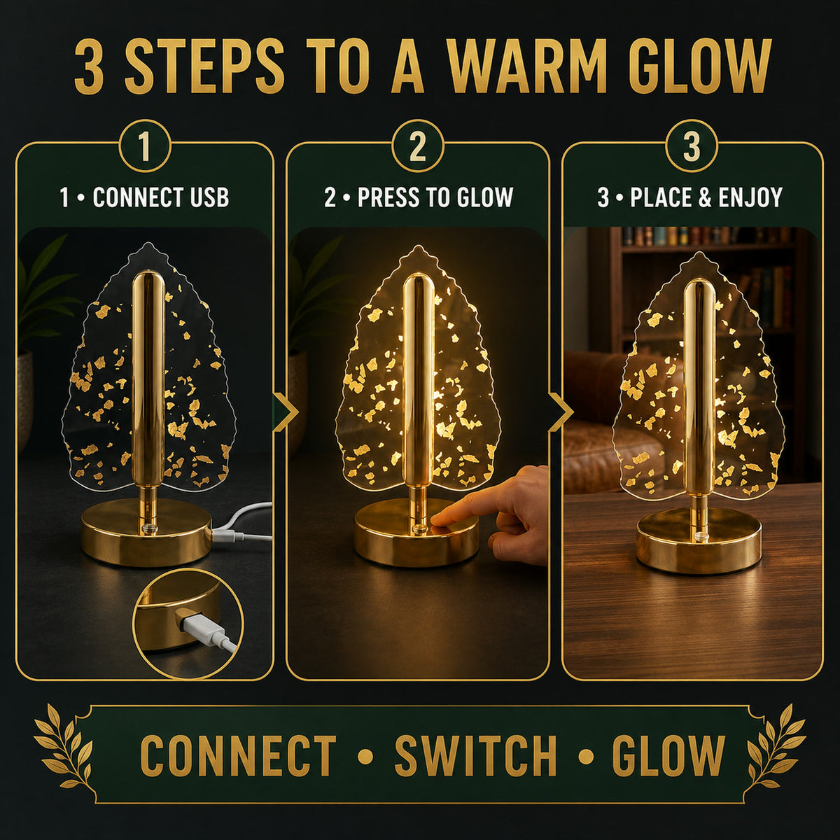 Golden Crystal Leaf LED Table Lamp – USB Charging & Warm Light