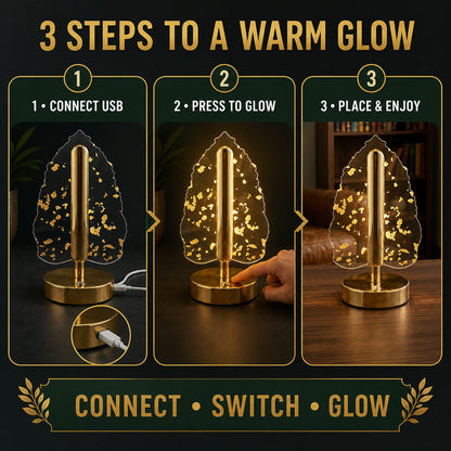 Golden Crystal Leaf LED Table Lamp – USB Charging & Warm Light