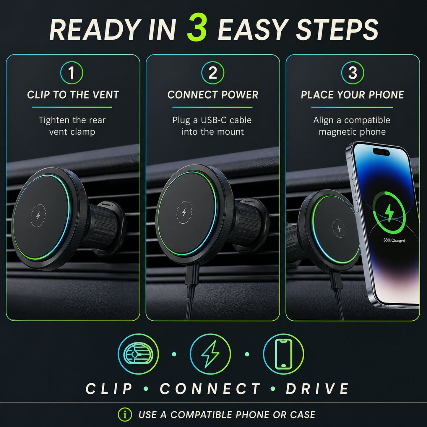 Magnetic Car Charger – Wireless Phone Mount with RGB Lights | Phonixio
