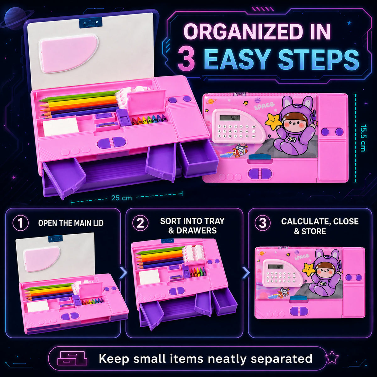 Space Theme Pencil Box with Built-in Calculator – Dual Compartment Organizer