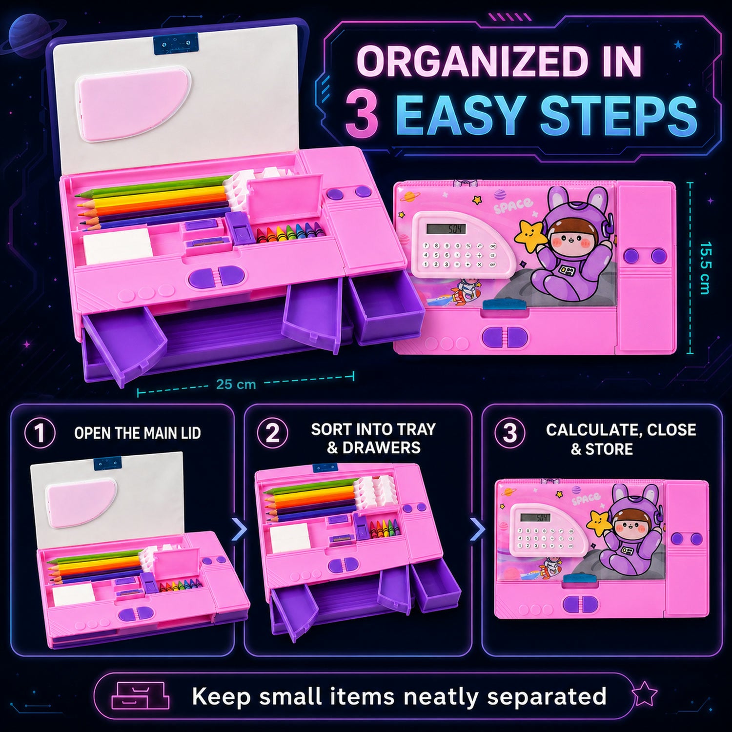 Space Theme Pencil Box with Built-in Calculator – Dual Compartment Organizer