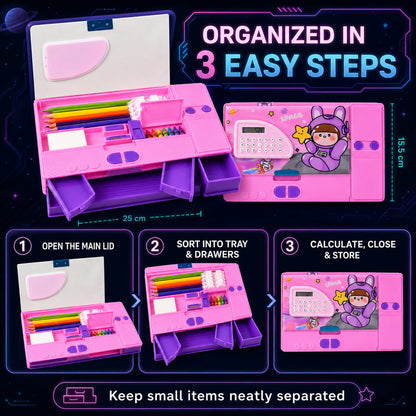 Space Theme Pencil Box with Built-in Calculator – Dual Compartment Organizer