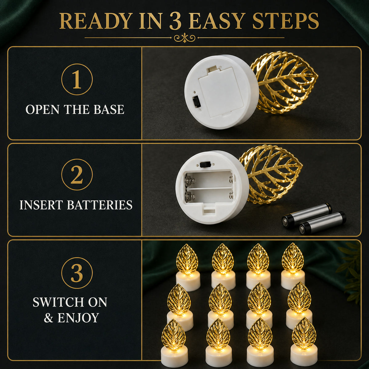 Leaf Shaped Flameless LED Candles – Elegant Decorative Set of 12