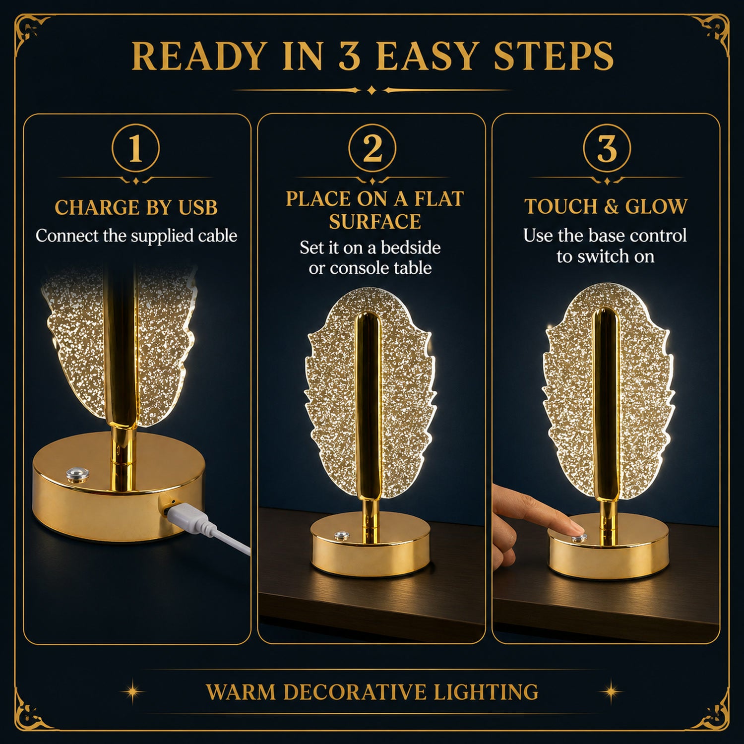 Feather Shape Crystal Table Lamp – Elegant USB Charging LED Light