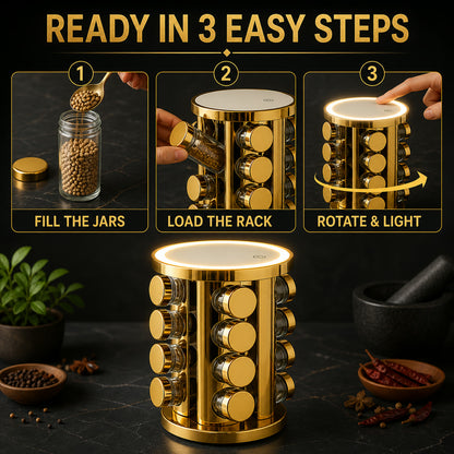 Rotating Spice Rack – LED Illuminated, 16 Jars, Golden Finish | Tidy Table