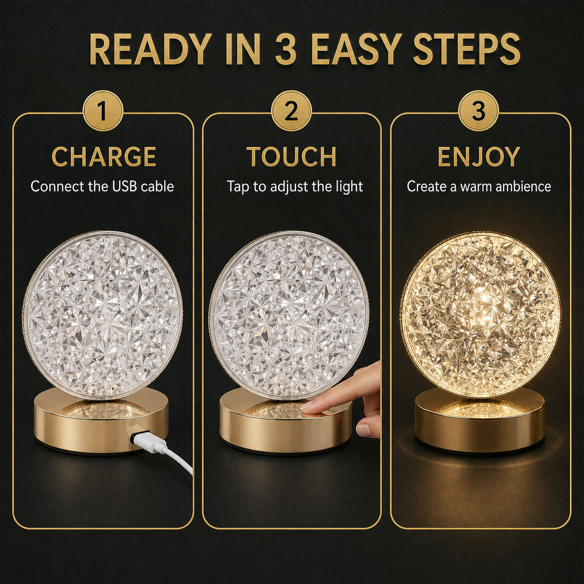 Round Crystal LED Table Lamp – Dimmable Touch & USB Rechargeable