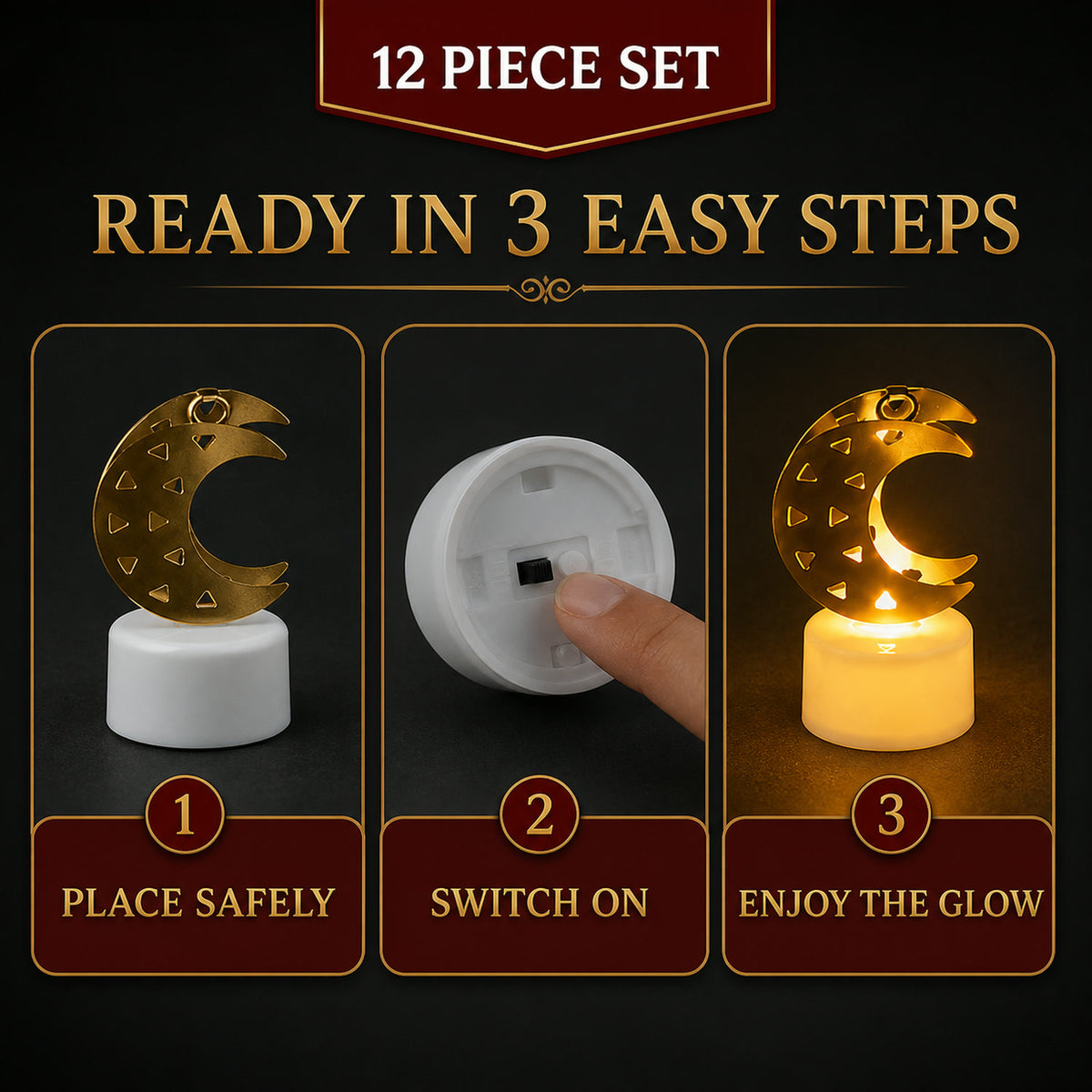 Moon Shaped Flameless LED Candles – (12 Pc Set)
