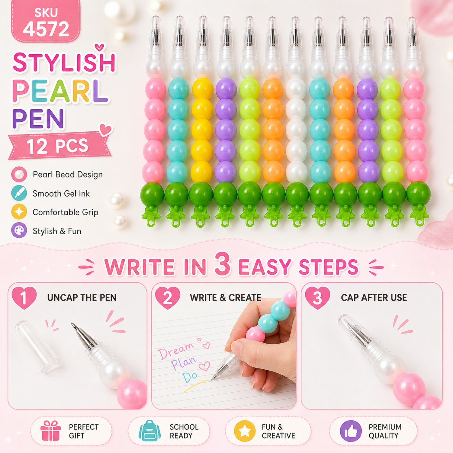 Pearl Gel Pen Set – Multicolor Moti Pens for Kids (12 Pc) | Writezo