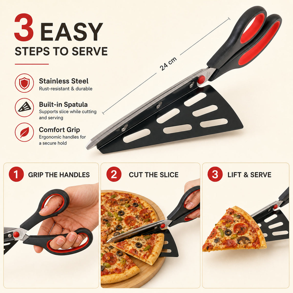 Pizza Cutter Scissors – Stainless Steel with Removable Spatula | Quickslice