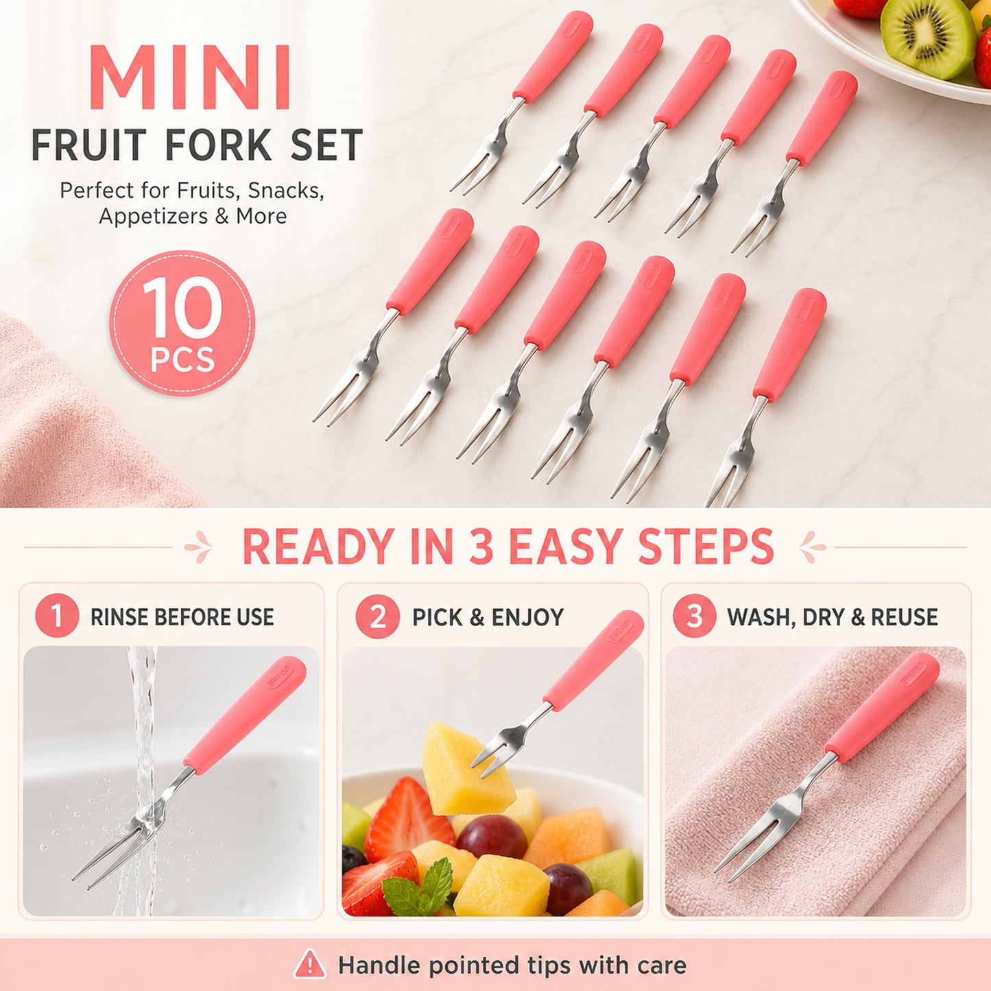 Stainless Steel Fruit Fork Set – 10 Durable Mini Forks with Soft Grip