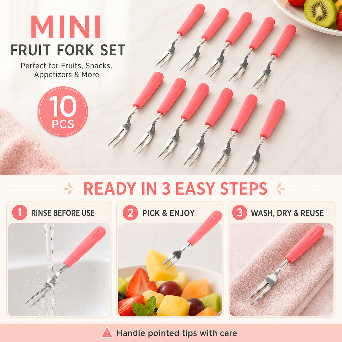 Stainless Steel Fruit Fork Set – 10 Durable Mini Forks with Soft Grip
