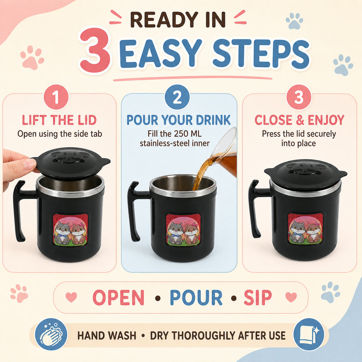 Cat Mug – 250 ml Insulated Stainless Steel for Kids & Gifting