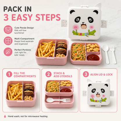 Panda Kids Lunch Box with 3 Compartments & Utensils