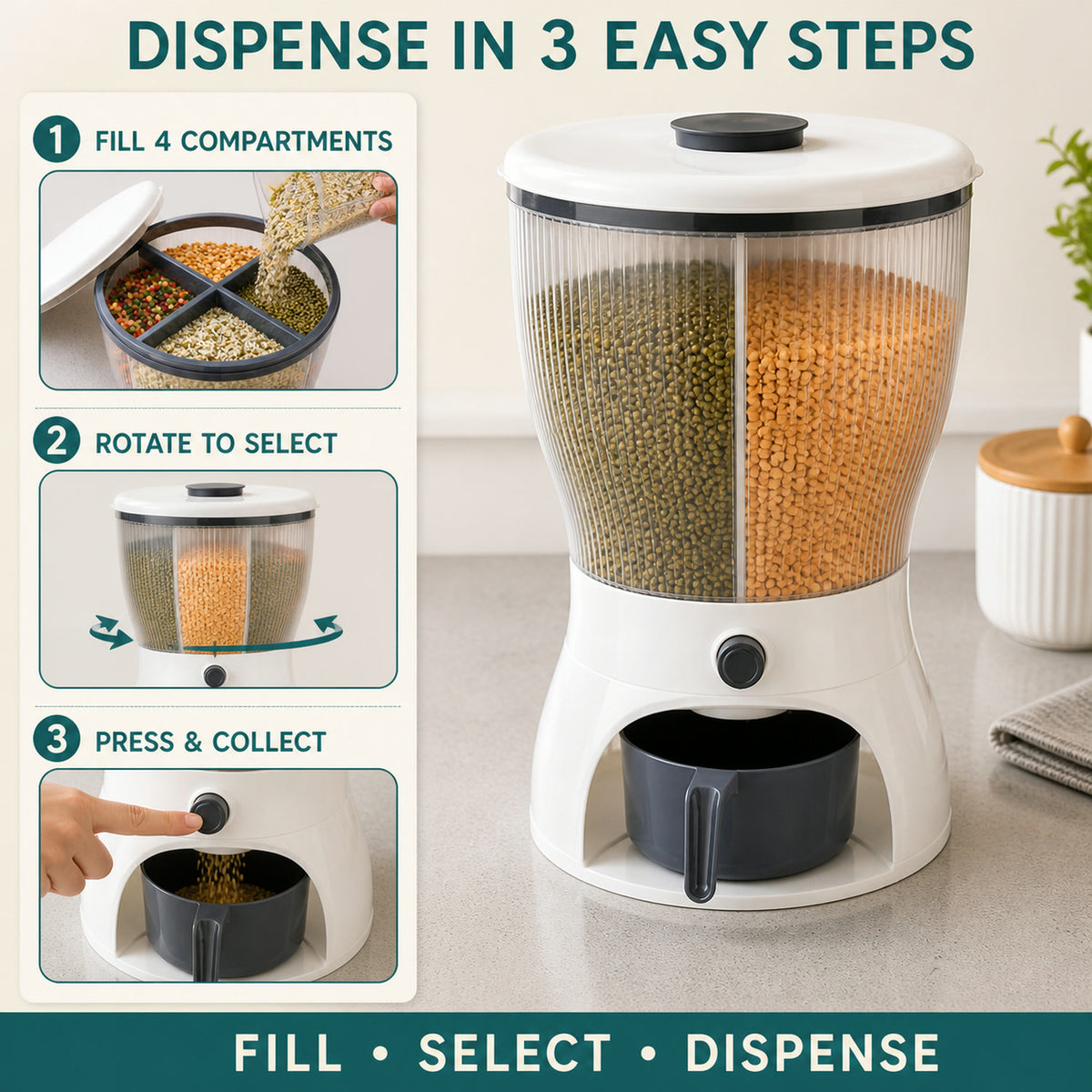 Rice Dispenser – 10L 4-in-1 Grain Storage | Tidy Table