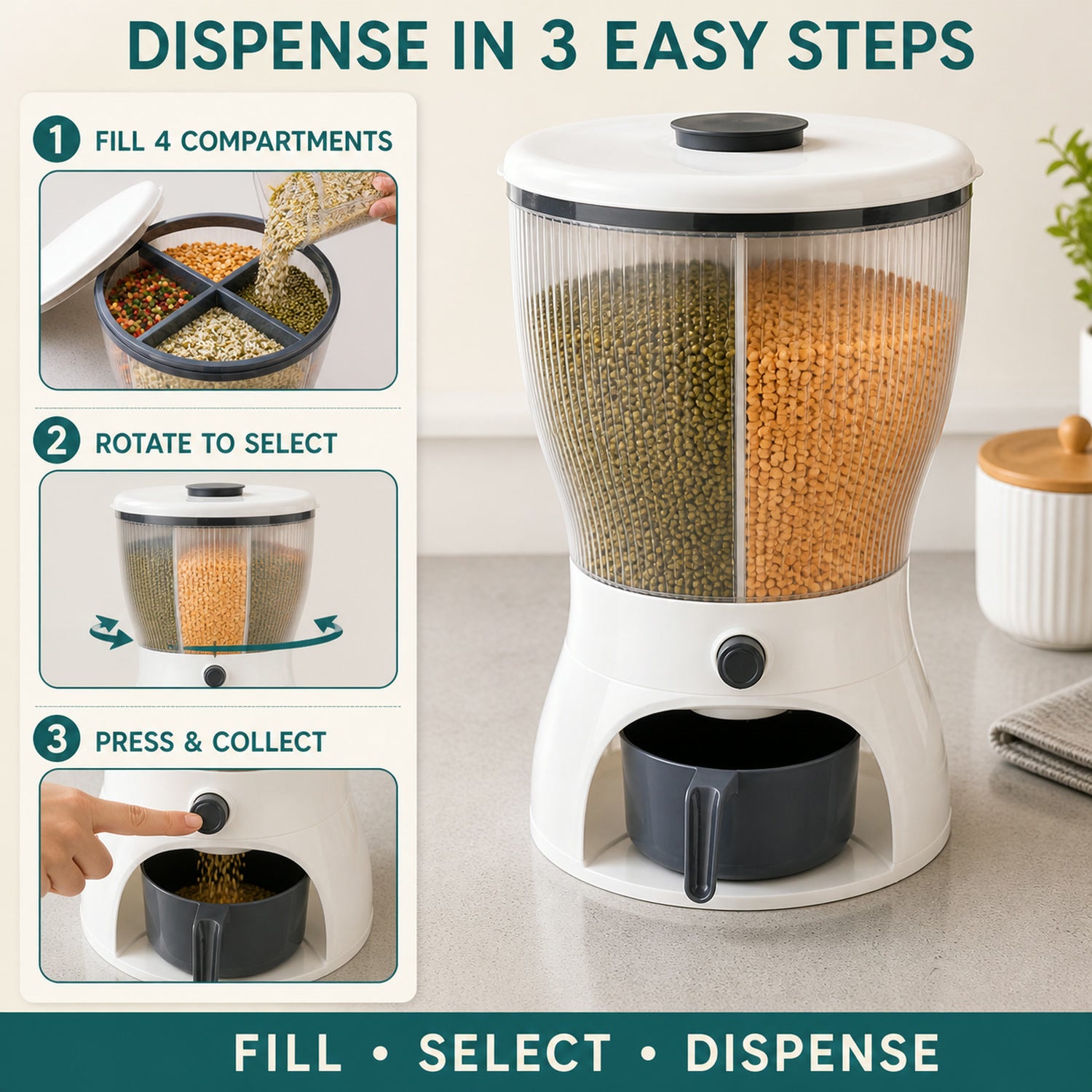 Rice Dispenser – 10L 4-in-1 Grain Storage | Tidy Table