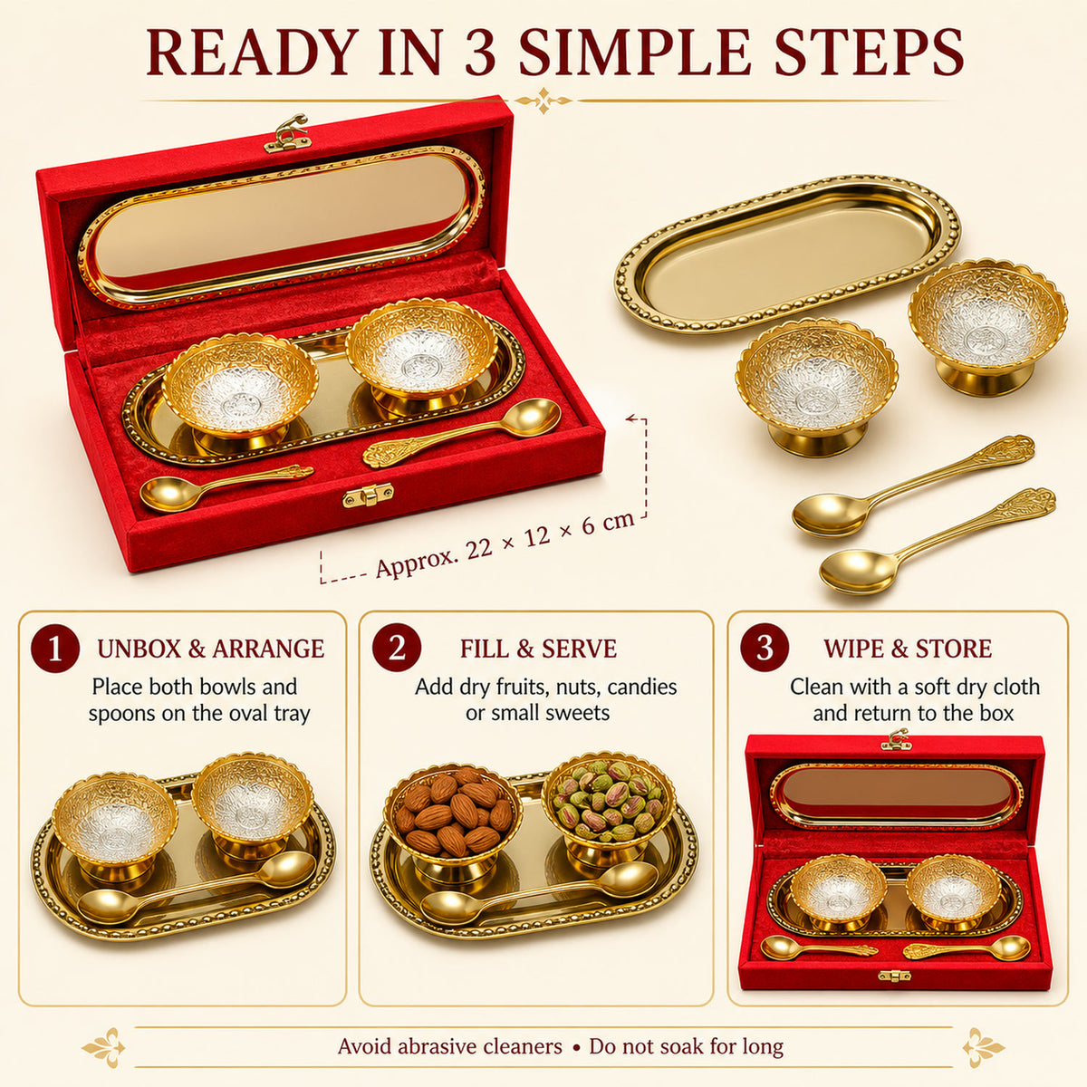Gold Silver Plated Tray Set – Brass with Bowls & Spoons | Lunchie Bunchie