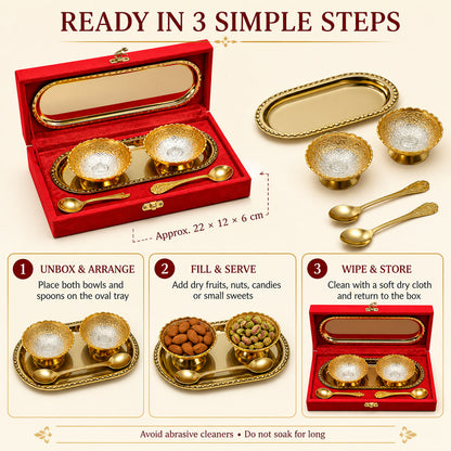 Gold Silver Plated Tray Set – Brass with Bowls & Spoons | Lunchie Bunchie