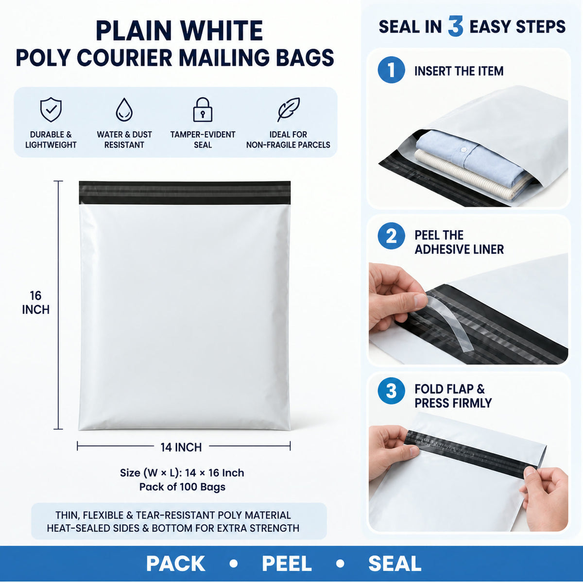 Tamper Proof Courier Bags – 14x16 Inch Pack of 100 | FERVENT