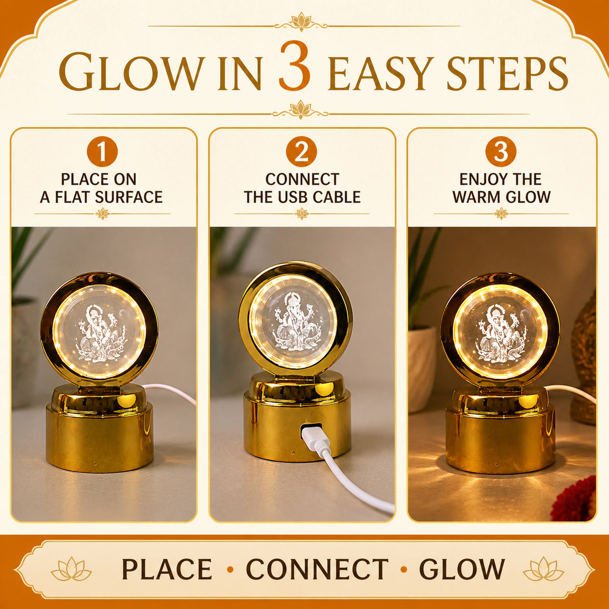 Ganpati Bapa 3D Crystal Ball LED Night Light – Divine Spiritual Glow