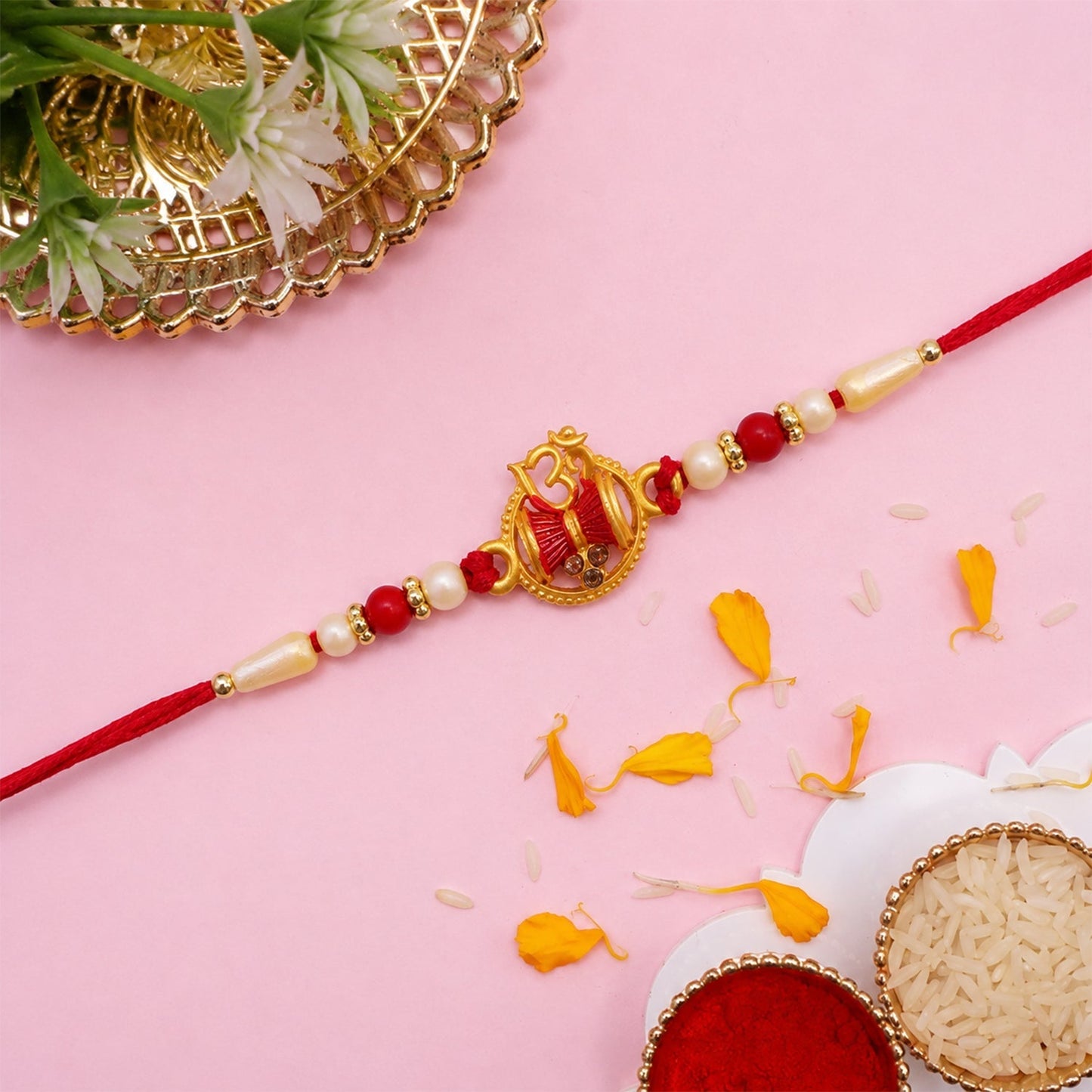 Rakhi Elegant Pearl Beads with Damaru Charm for Brothers (10pcs)