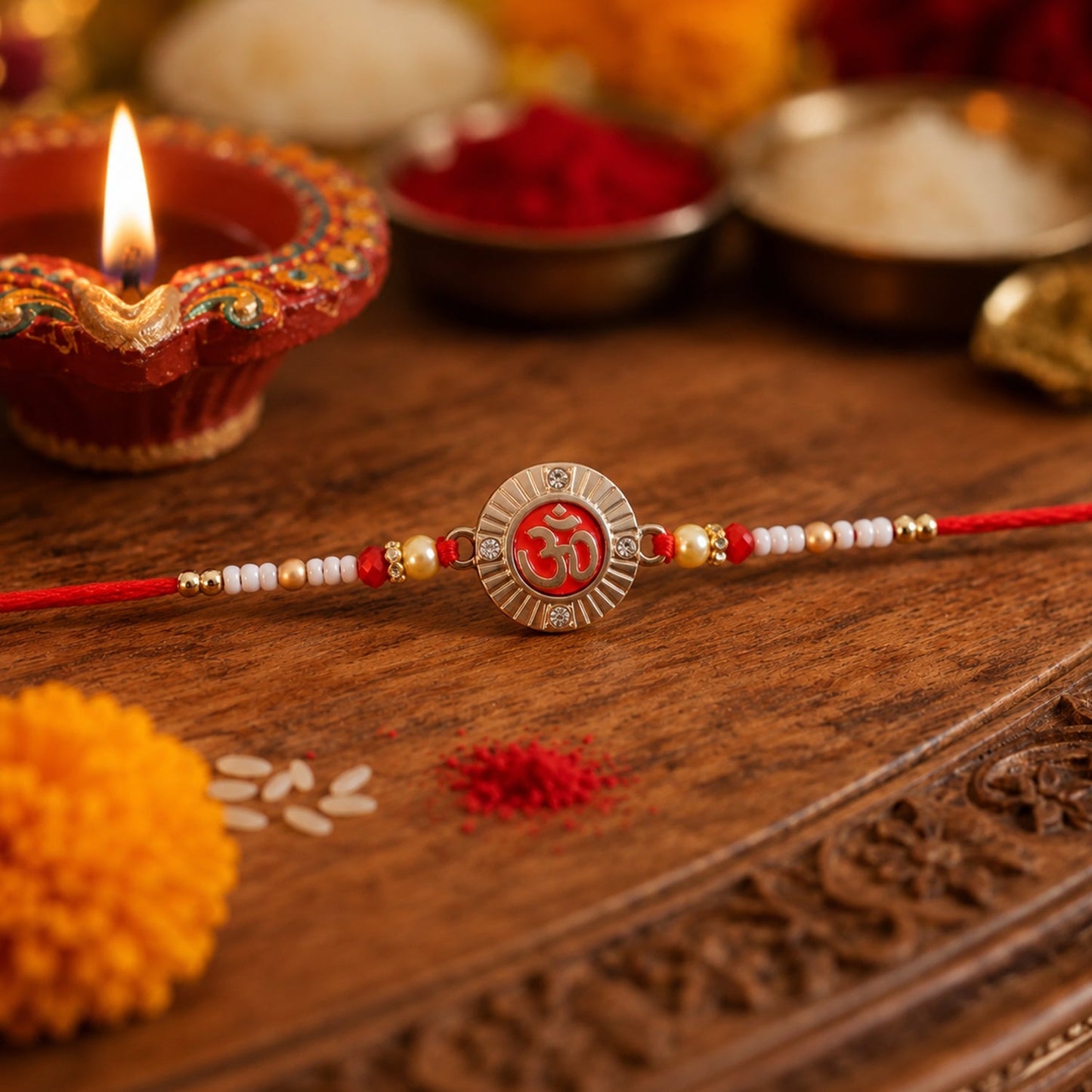 Om Round Charm Rakhi with Pearl Beads for Brothers (5pcs)