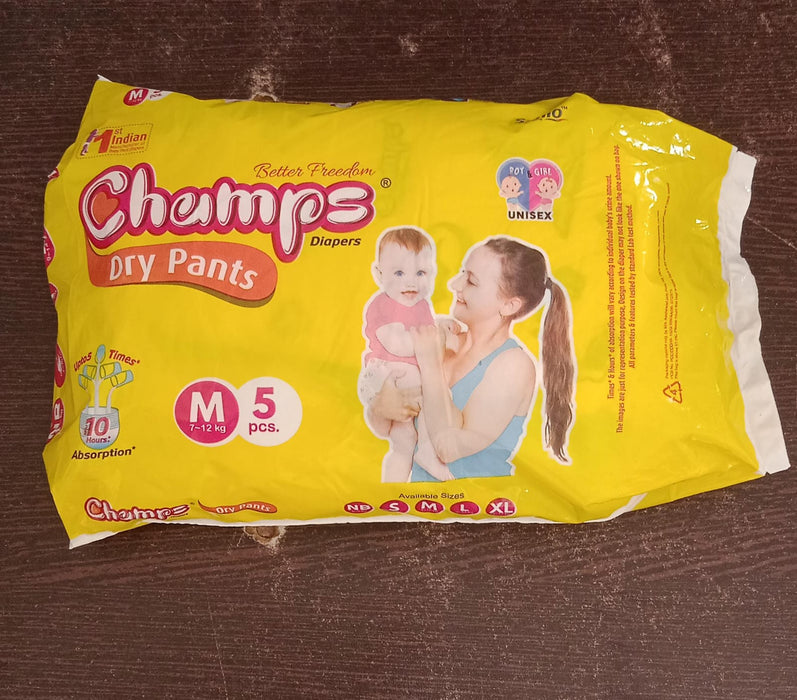 Champs Travel Diapers (Medium, 5 Pcs): Leakproof, Soft & Dry, Baby Diaper Pants