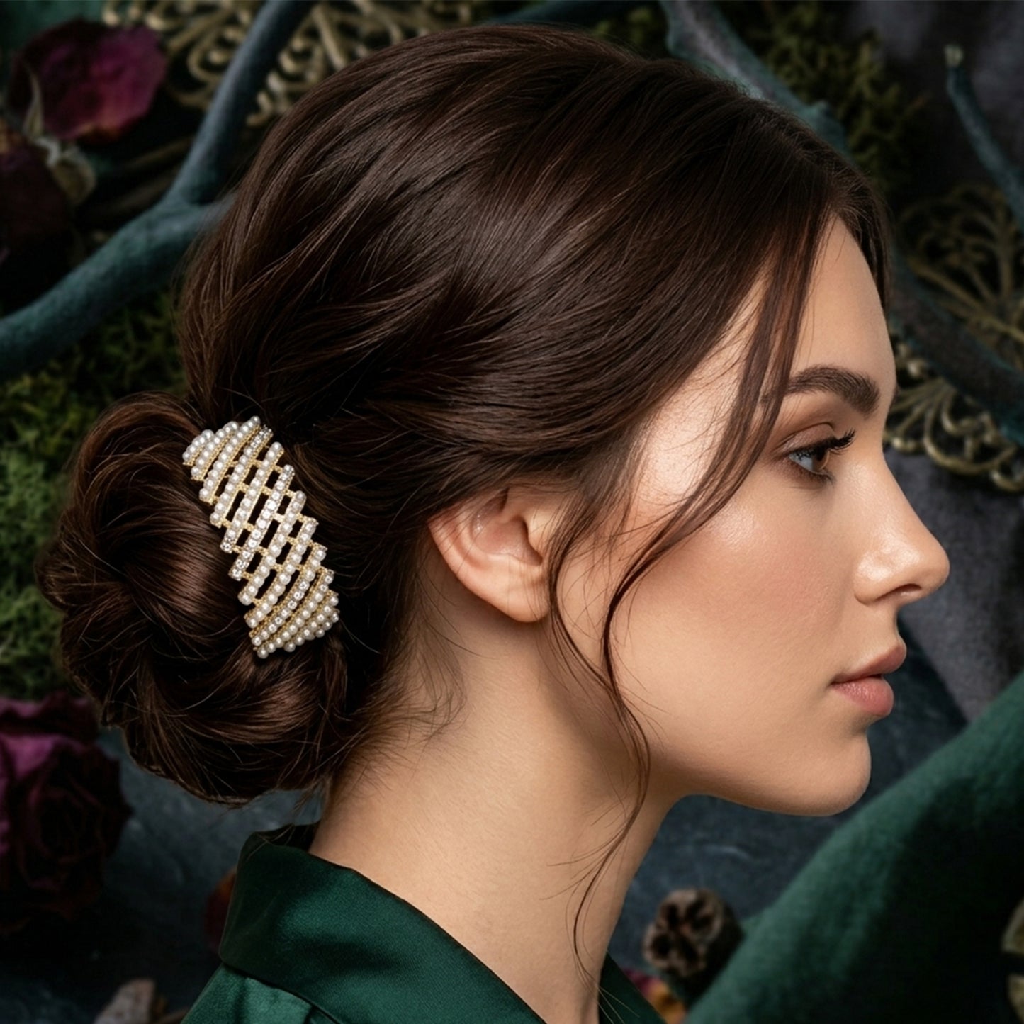 Close-up of pearl hair claw clip detailing