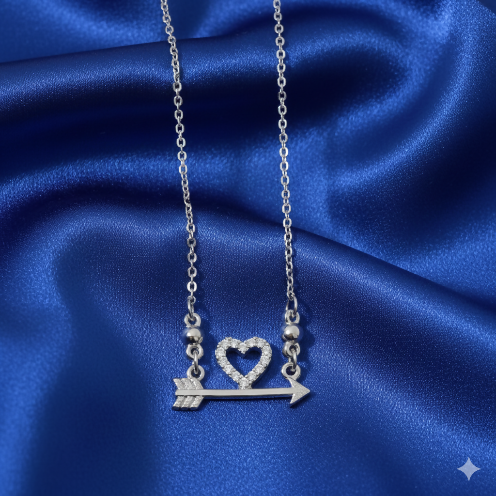Heart & Arrow Pendant Necklace with sparkling pavé crystal on polished silver plating