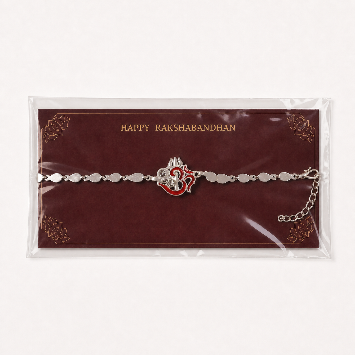Religious Om Trishul Motif Silver Enamel Petal Chain Rakhi