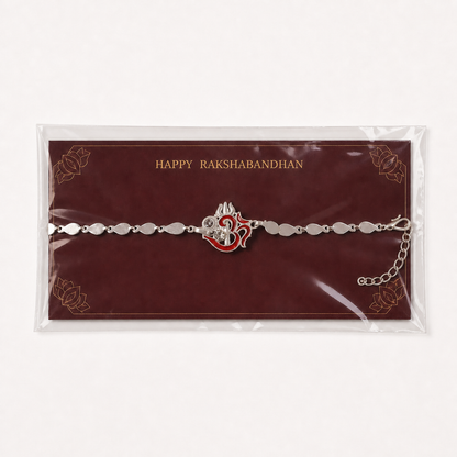 Religious Om Trishul Motif Silver Enamel Petal Chain Rakhi