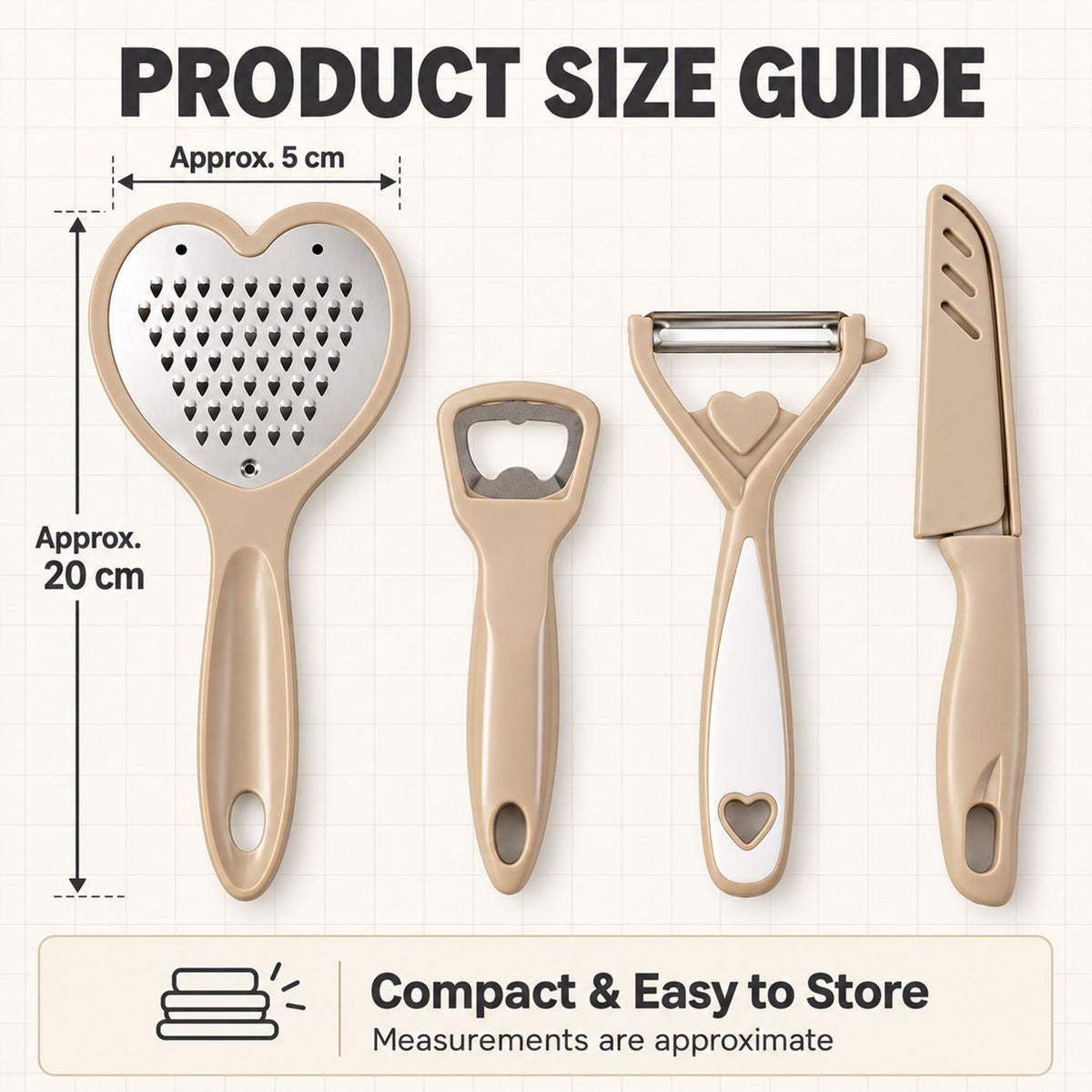 The four kitchen tools are shown with approximate size measurements of 5 cm width and 20 cm length, emphasizing their