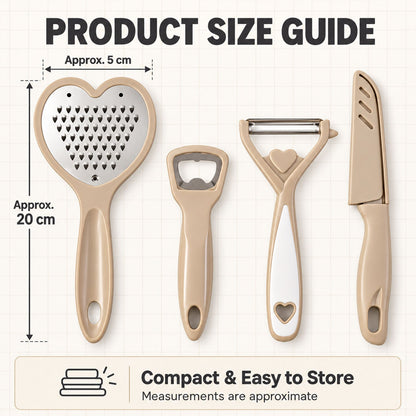 The four kitchen tools are shown with approximate size measurements of 5 cm width and 20 cm length, emphasizing their