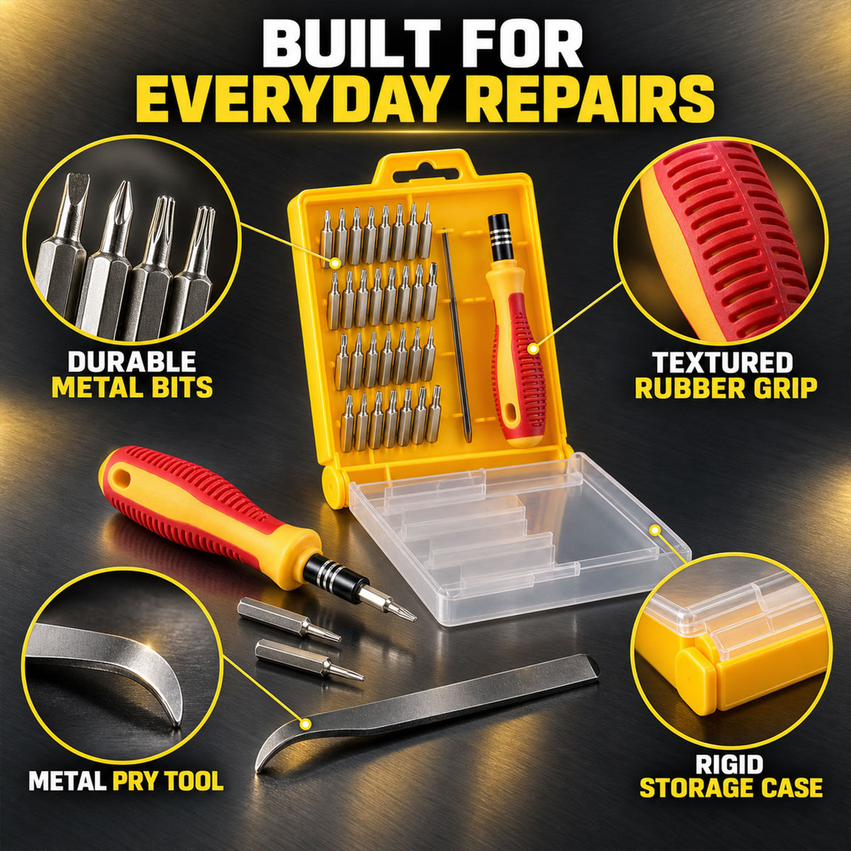 Precision screwdriver kit with metal bits rubber grip pry tool and case