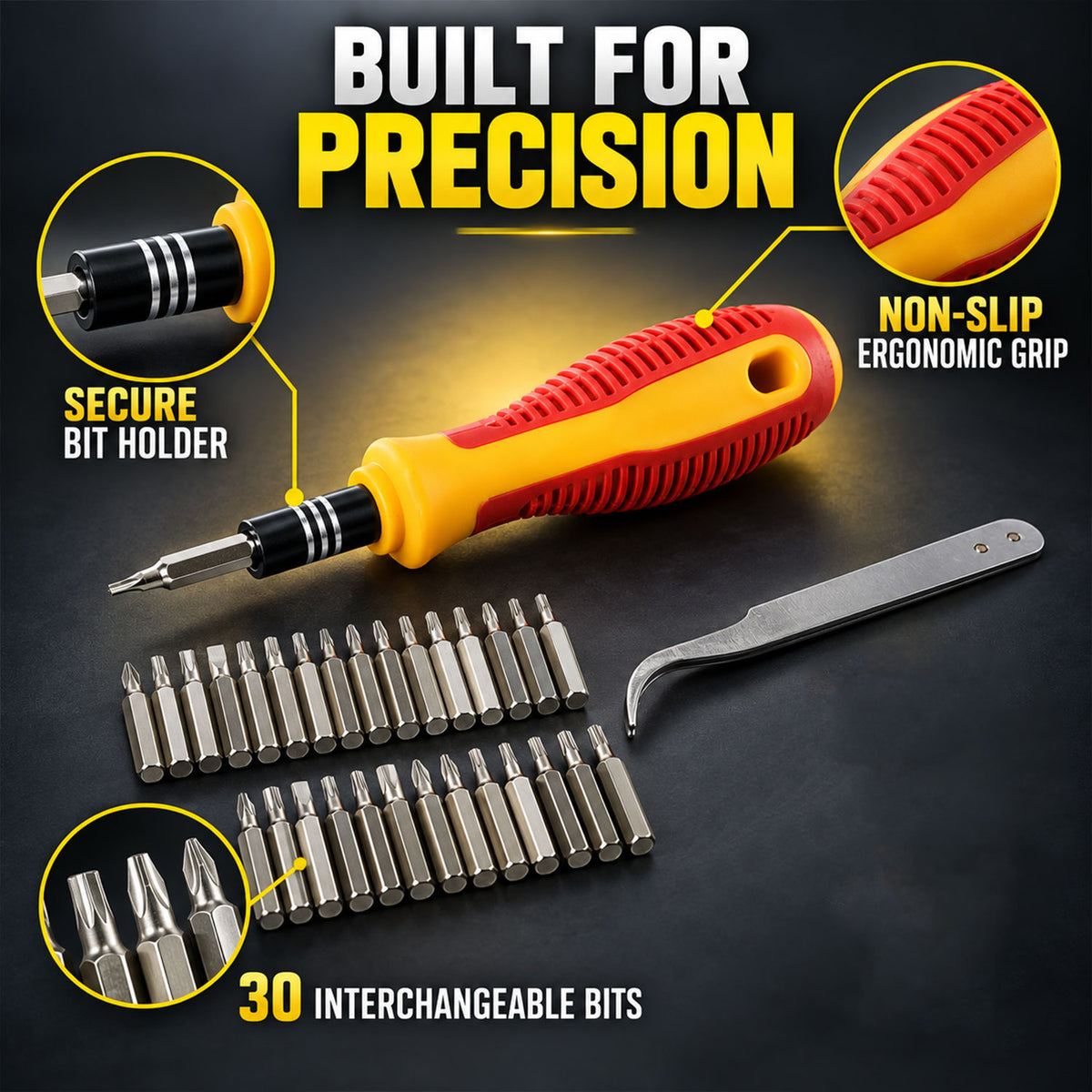 Magnetic precision screwdriver with secure bit holder and non-slip grip