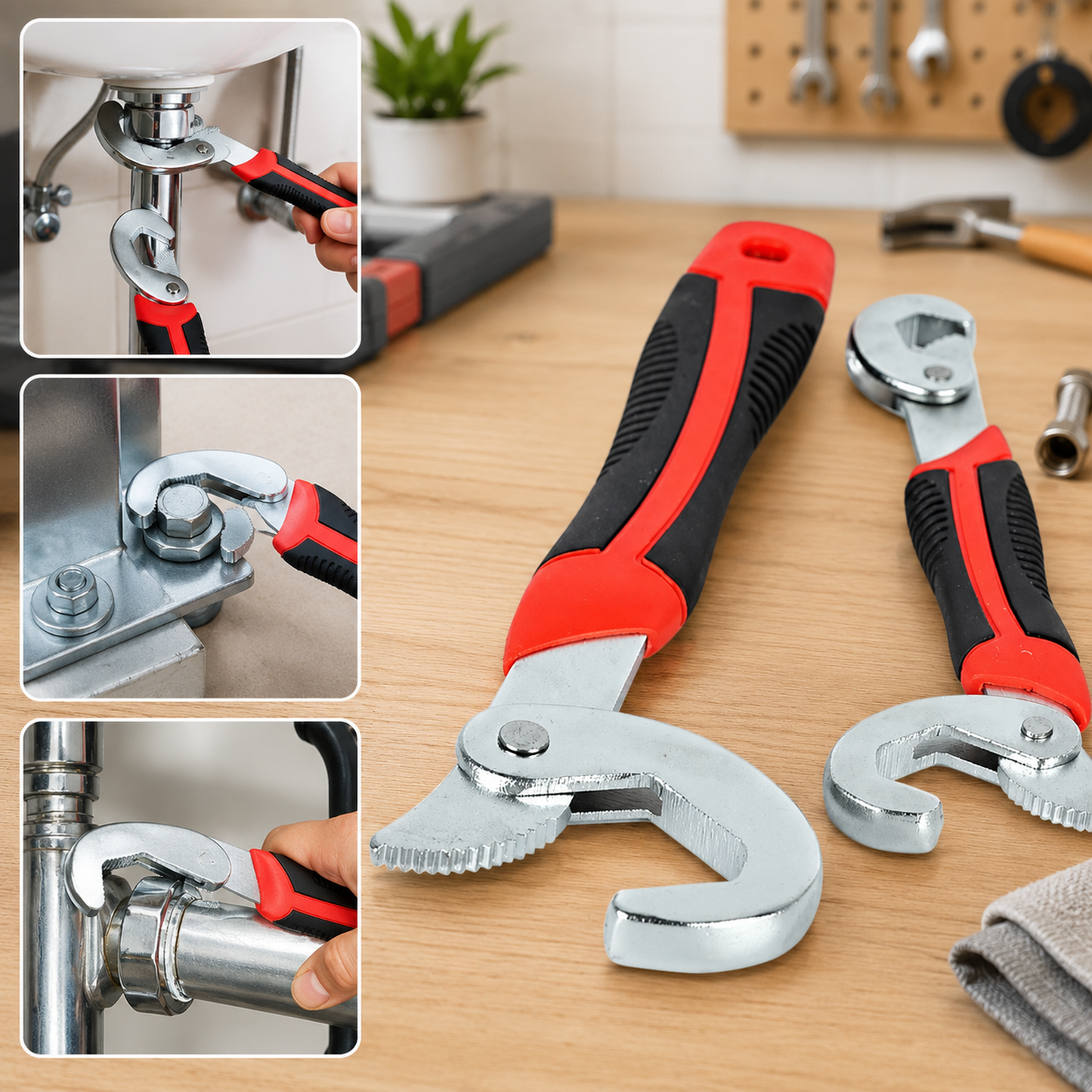 A large image shows two red and black wrenches on a wooden surface, with three smaller insets showing the wrenches in use.