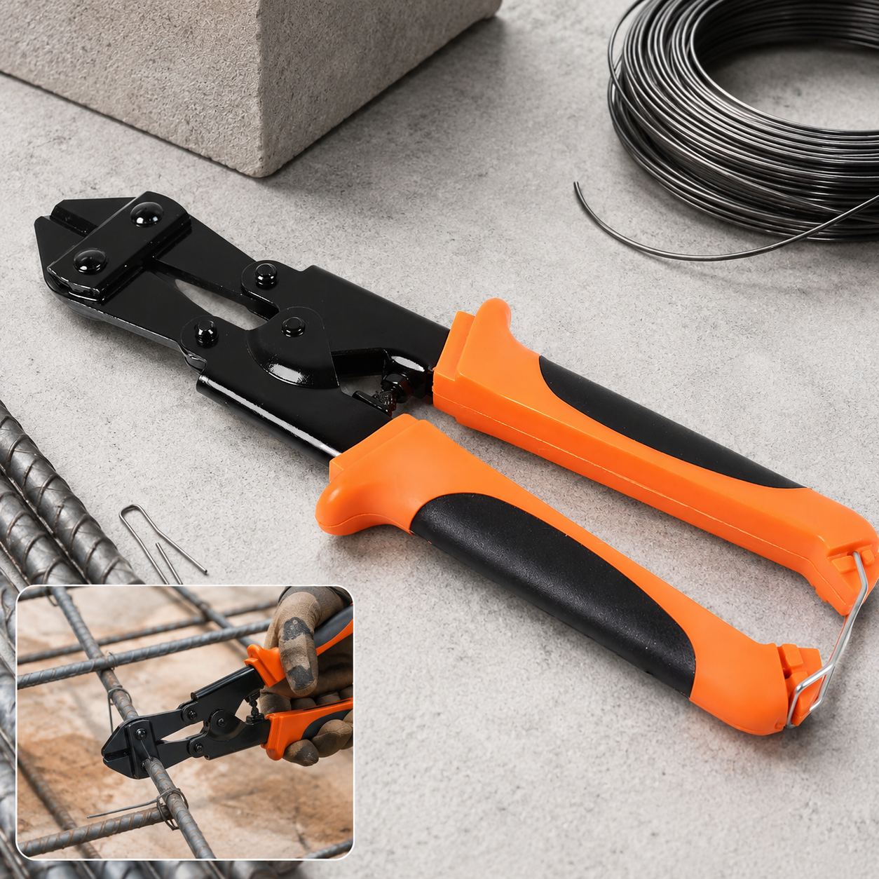 Black and orange mini bolt cutters with a coil of wire and rebar in the background.