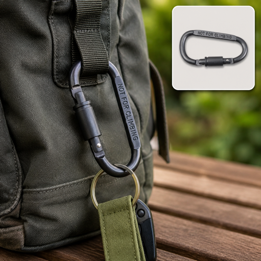 A black D-ring carabiner with a screw lock is attached to a green canvas bag, holding keys.