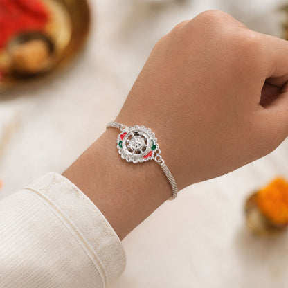 Silver Floral Rakhi Meenakari & Chain for Brothers (5pcs)