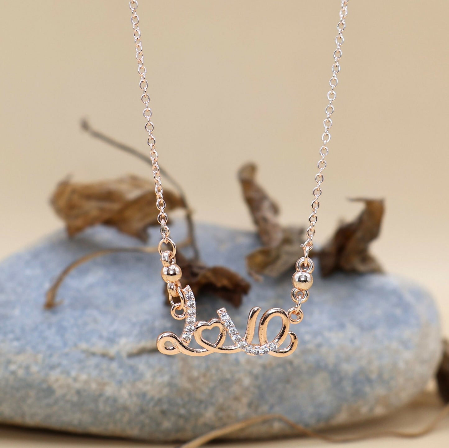 Rose Gold Plated LOVE Script AD Pendant Necklace For women and girls