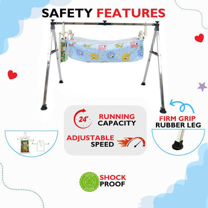 Baby swing with soft fabric seat and foldable stand for easy store.