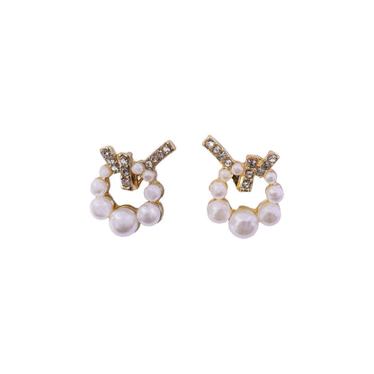 Korean Geometric Crystal Cross & Pearl Wreath Studs For Girls And Women