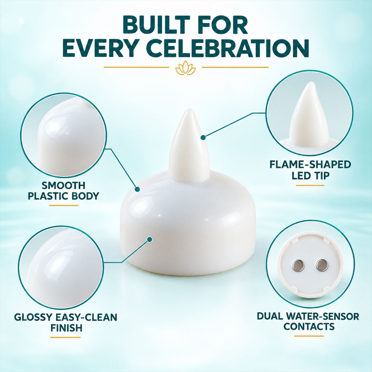 A detailed view of a white floating LED diya, highlighting its smooth plastic body, flame-shaped tip, glossy finish, and