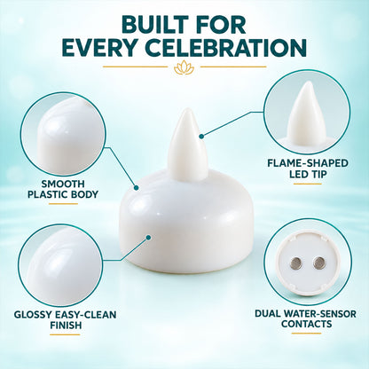 A detailed view of a white floating LED diya, highlighting its smooth plastic body, flame-shaped tip, glossy finish, and