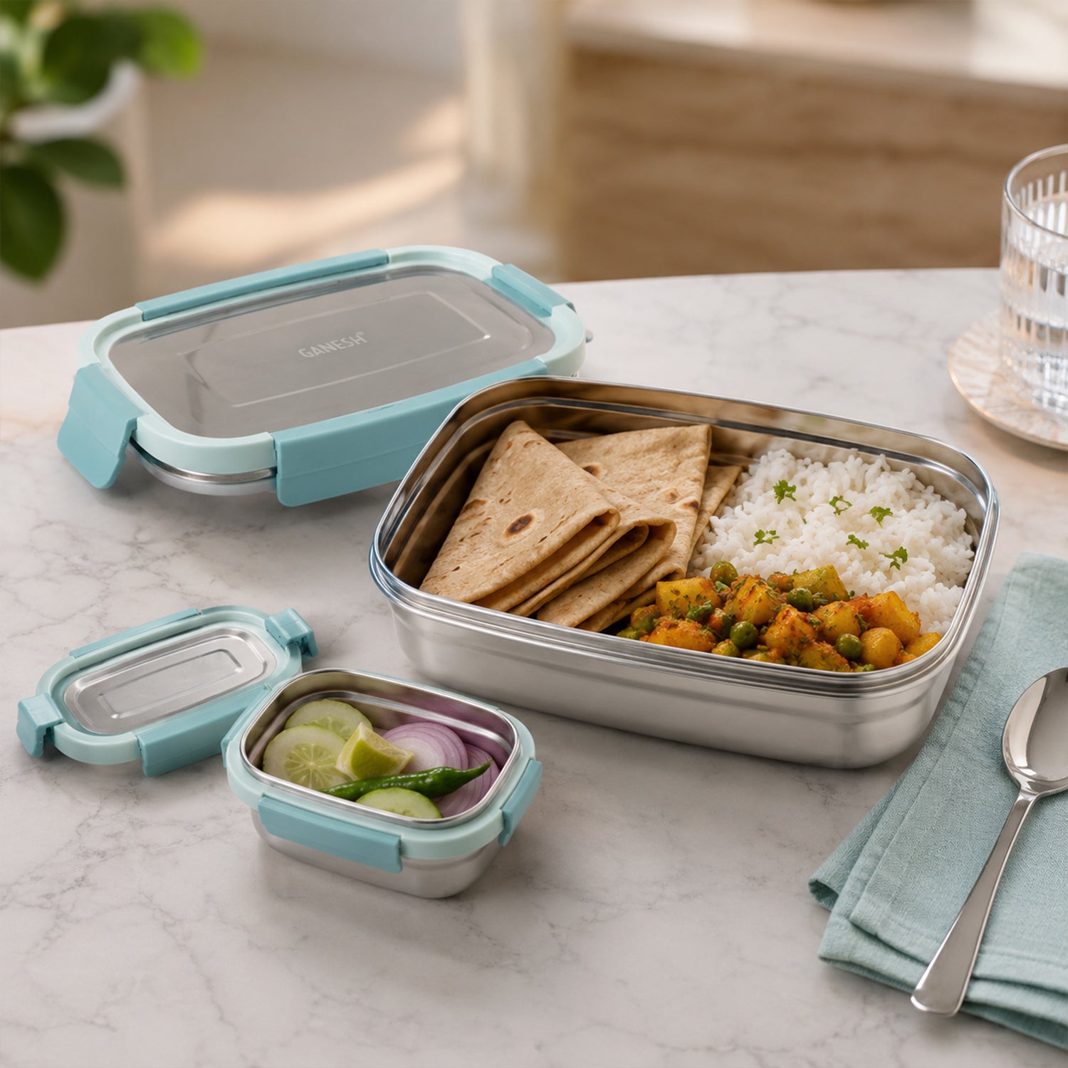 Ganesh Shine 750 stainless steel lunch box set packaging