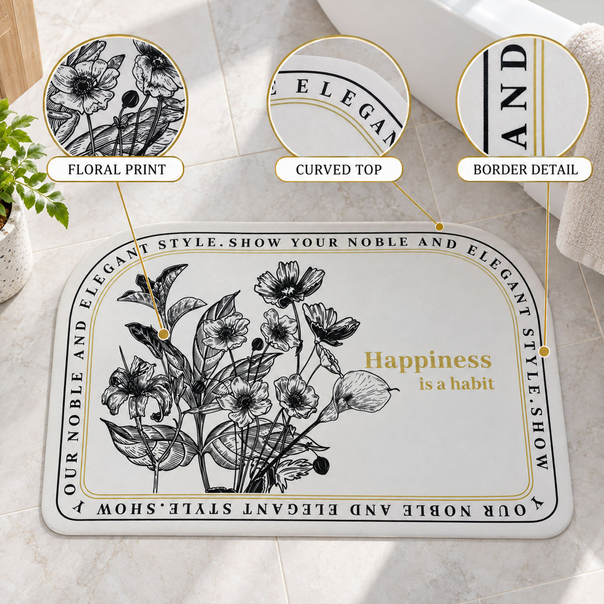 Absorbent Bathroom Mat, Half Round Botanical Quote Print Mat (1 Pc, 50x80 Cm)