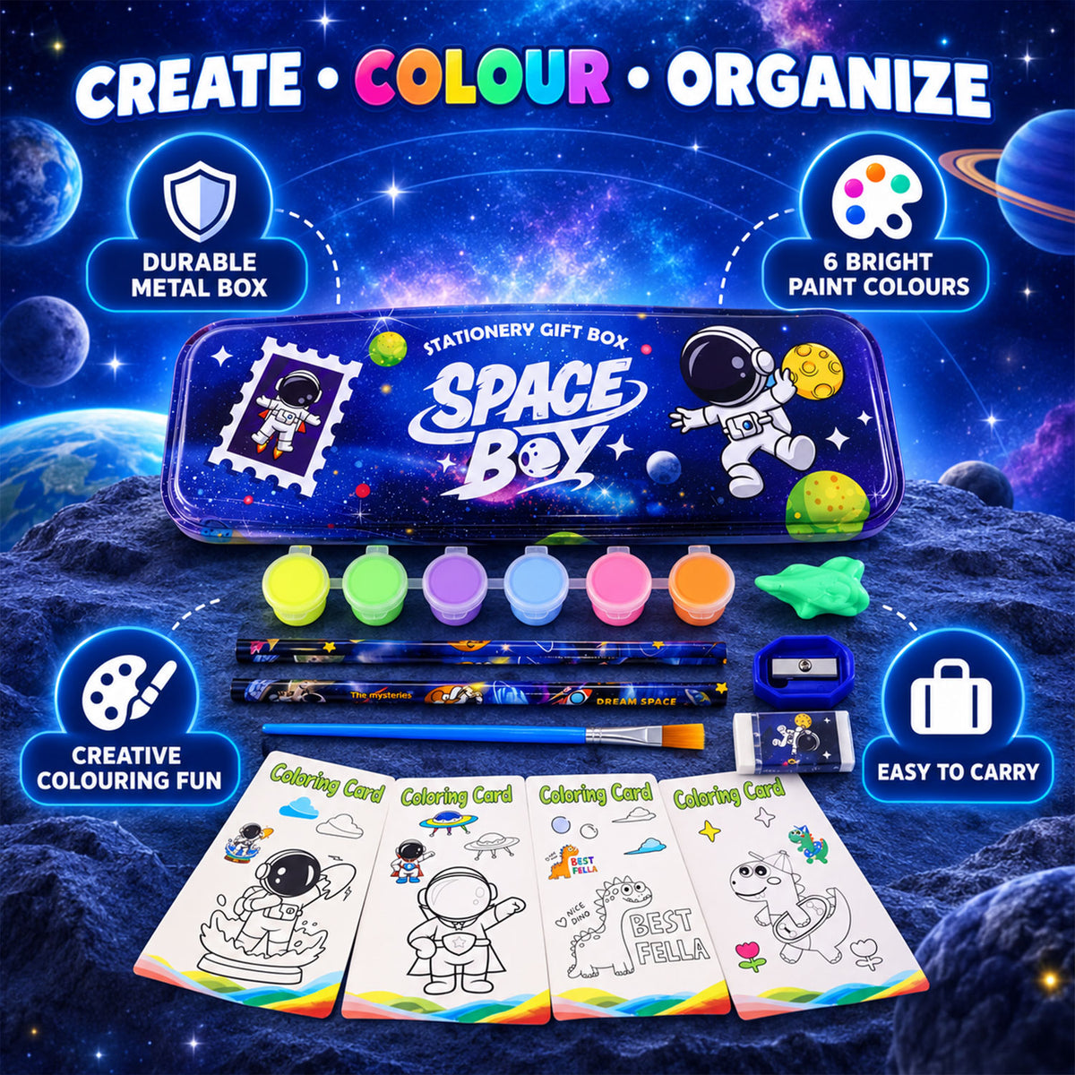 Kids Stationery Kit for School with Pencil Box, Paints and Colour Cards (1 Set)