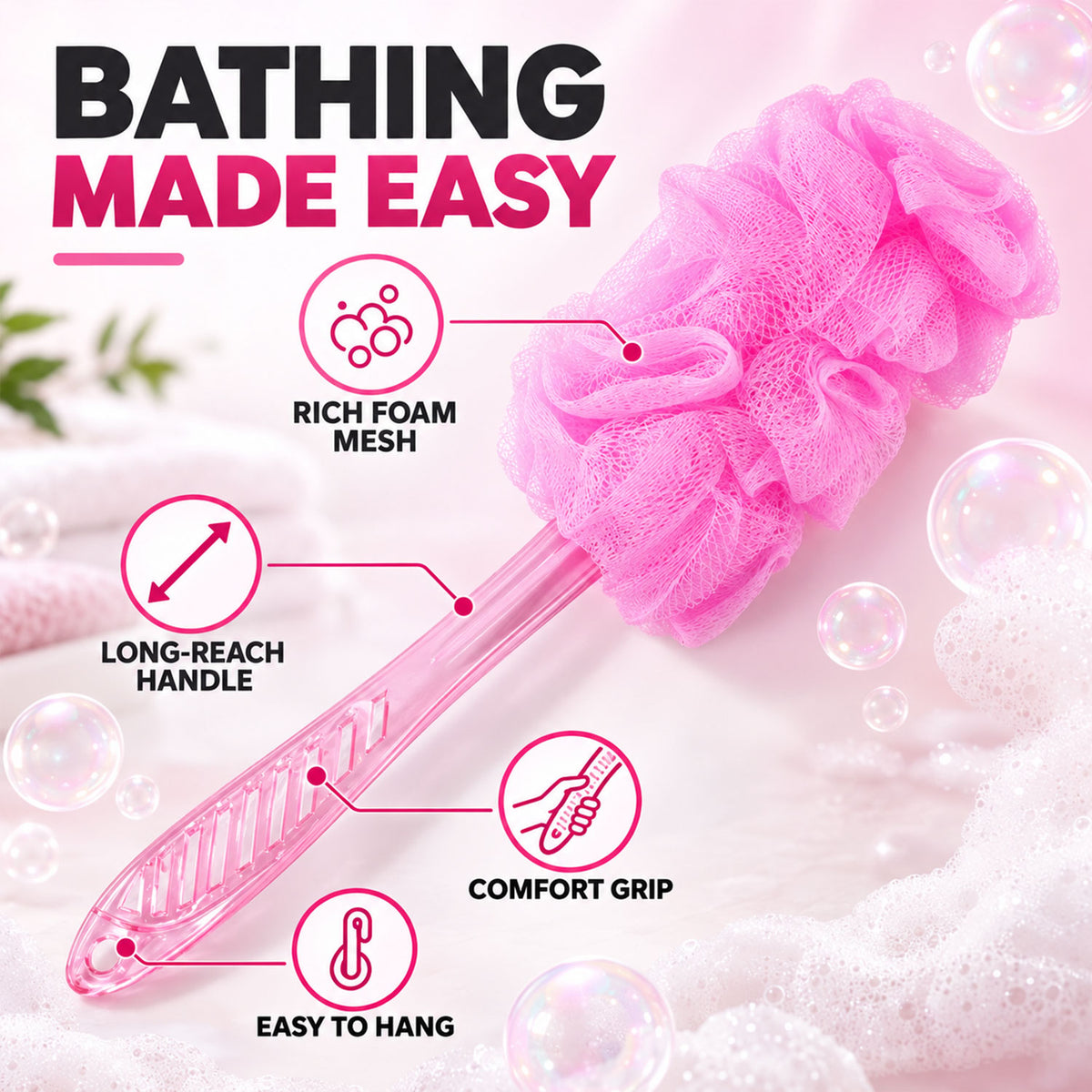 Long Handle Back Scrubber for Bathroom Shower, Body Loofah Brush 45 Cm (1 Pc)