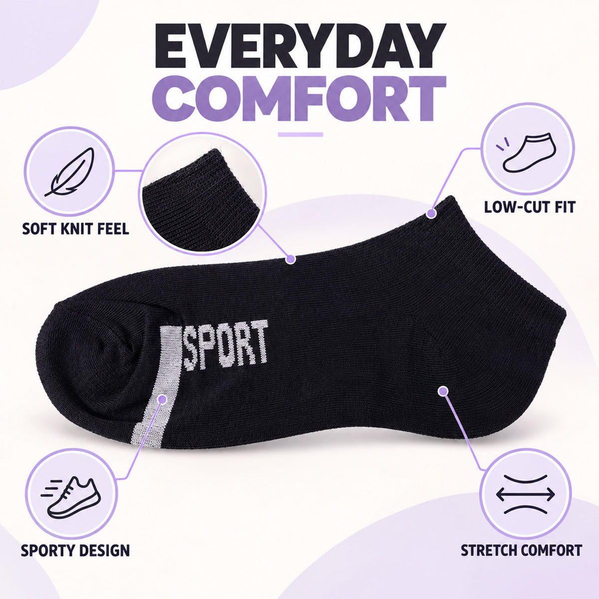 Sport Print Ankle Socks, Soft Stretchable Low Cut Gym and Running Socks (1 Pair)