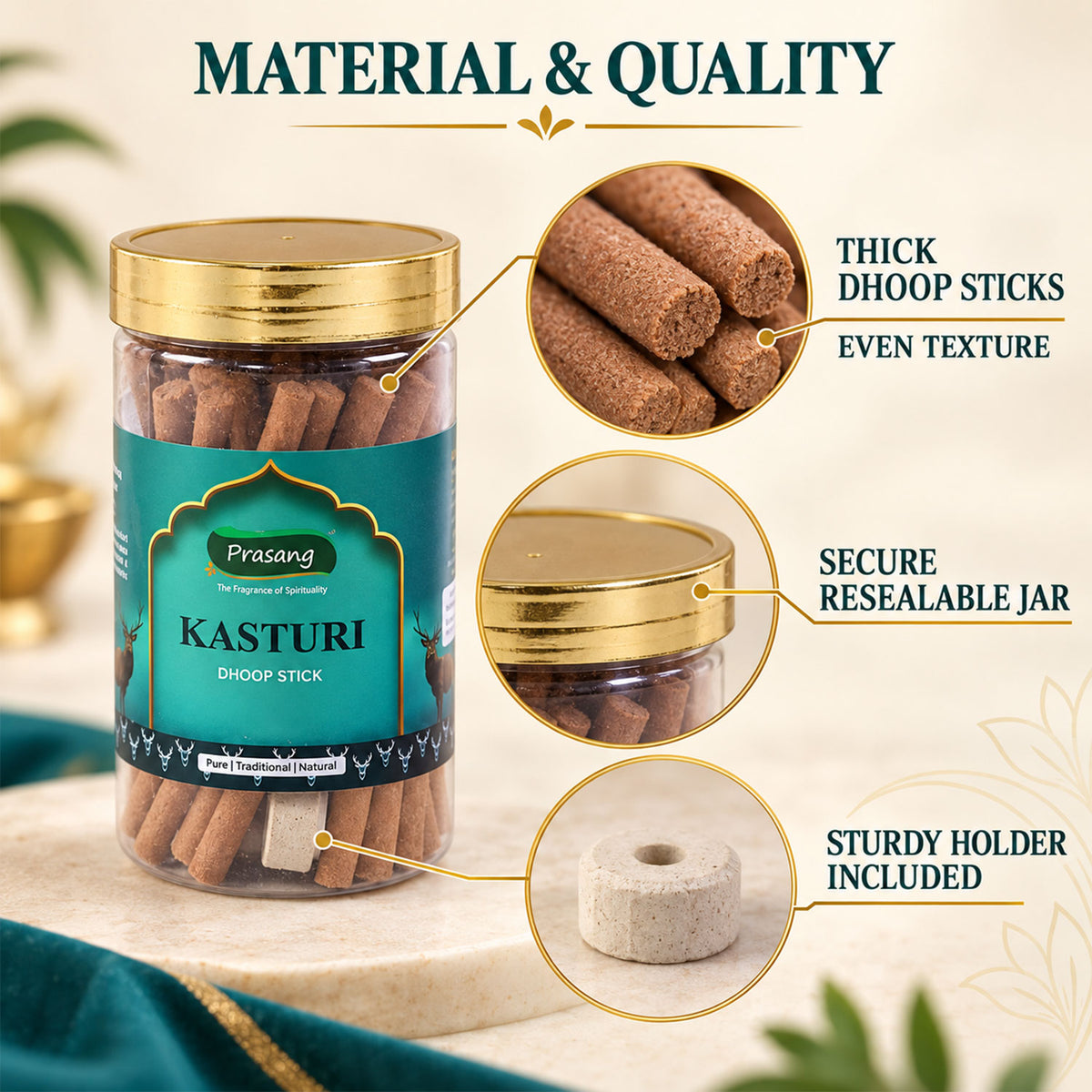 Kasturi Dhoop Sticks Jar with Holder for Daily Puja and Home Fragrance (100 Gm)
